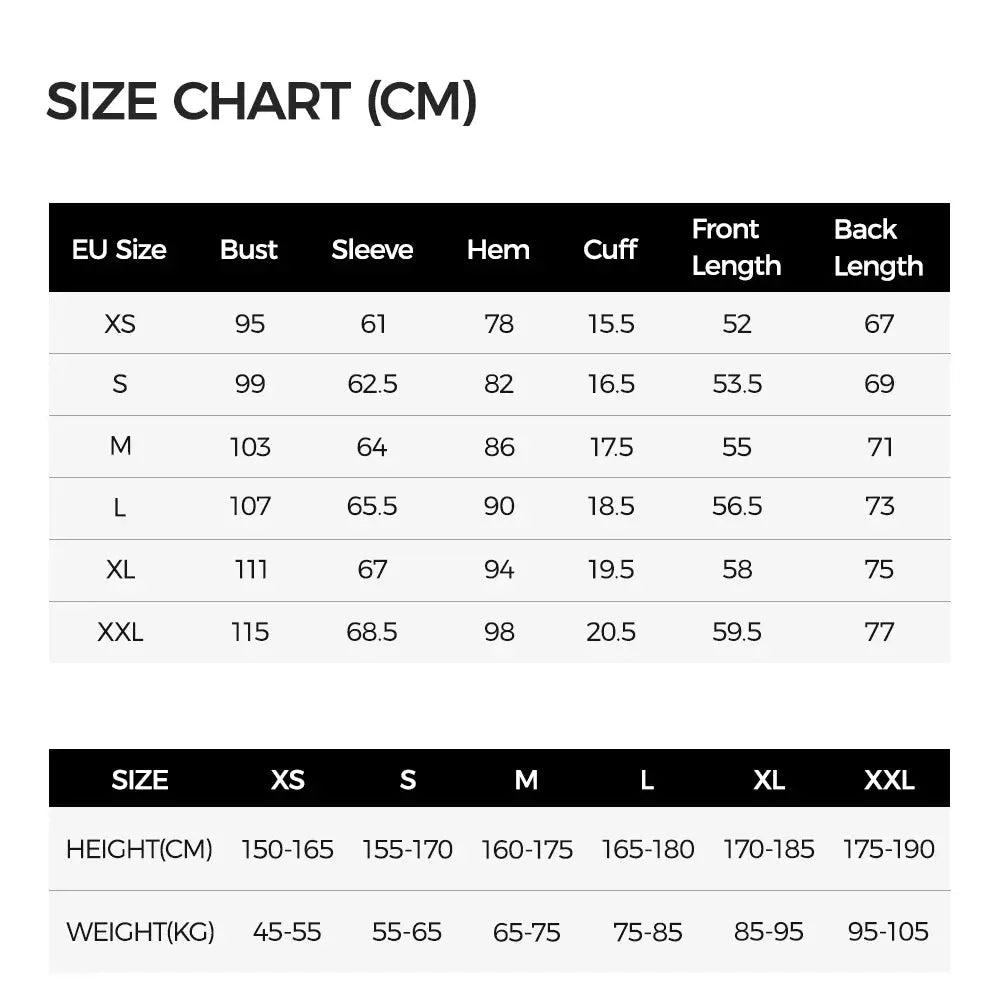 RION men’s windbreaker size chart with EU sizes XS–XXXL and height/weight ranges