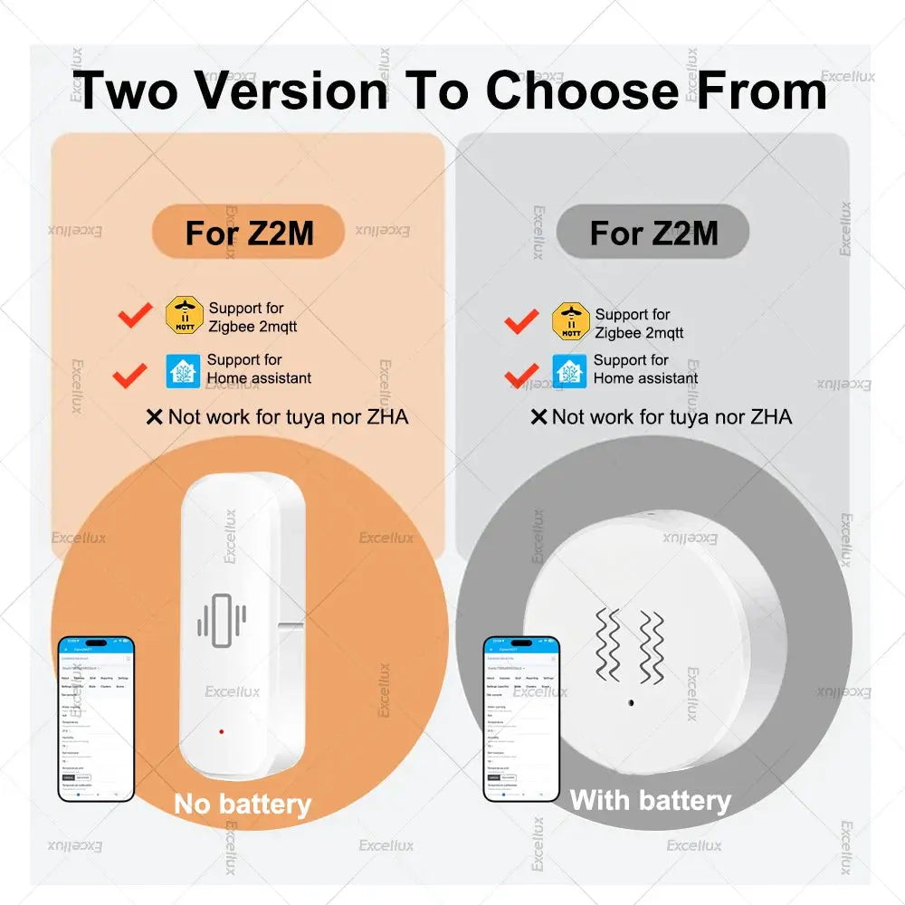 ZigBee vibration sensor tilt detector by Simples Market; app control, two variants: no-battery orange, battery gray.