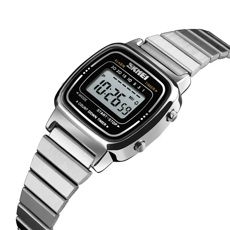 Skmei Women Digital Chronograph Wristwatch Stainless Steel Strap 30M Water Resistant Fashion Timepiece