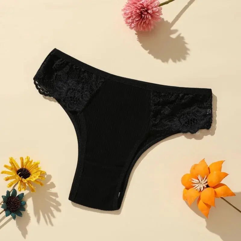 Women's black cotton panties with floral lace side panels and ribbed low-rise briefs.