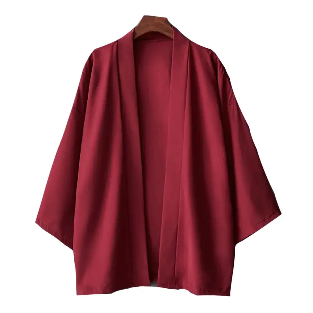 Men's kimono-style cardigan in burgundy, lightweight open-front with 3/4 sleeves