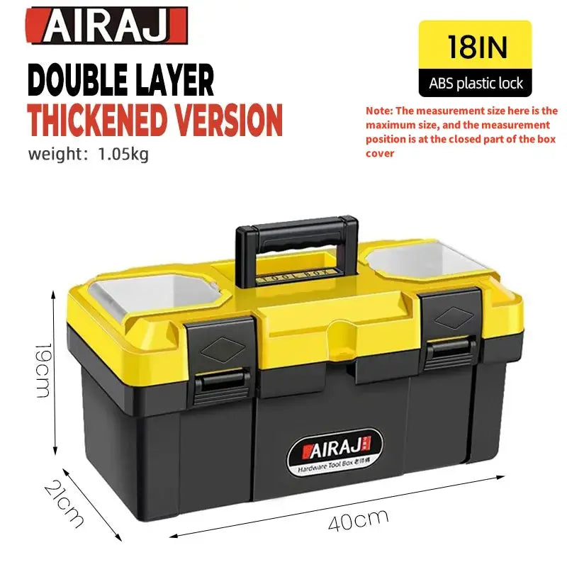 AIRAJ dual-layer ABS plastic tool storage box with yellow lid, black base and handle
