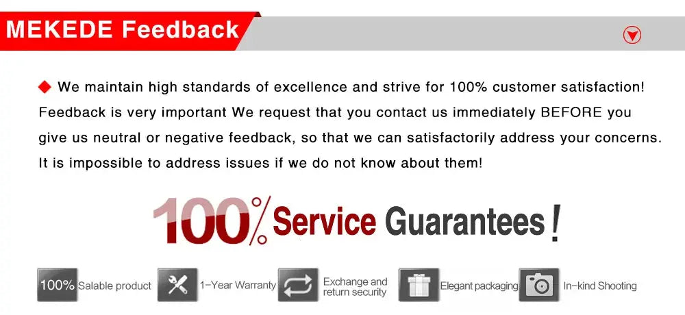 MEKEDE feedback banner by Simples Market showing 100% Service Guarantees and warranty icons.