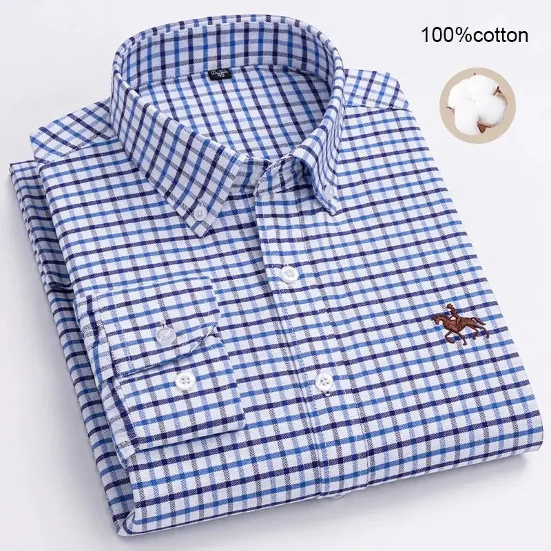 Men's blue and white check oxford shirt, 100% cotton, long sleeve with polo horse logo