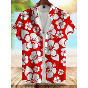 Seaside Hawaiian Style Men's Shirt by Simples Market, red with white hibiscus print, short-sleeve beachwear.