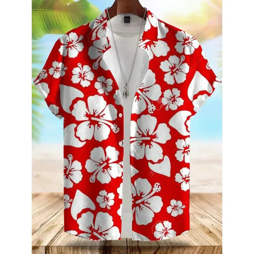 Seaside Hawaiian Style Men's Shirt by Simples Market, red with white hibiscus print, short-sleeve beachwear.