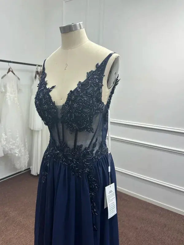 Navy Blue Spaghetti Straps A Line Evening Dress Appliques Prom Gown