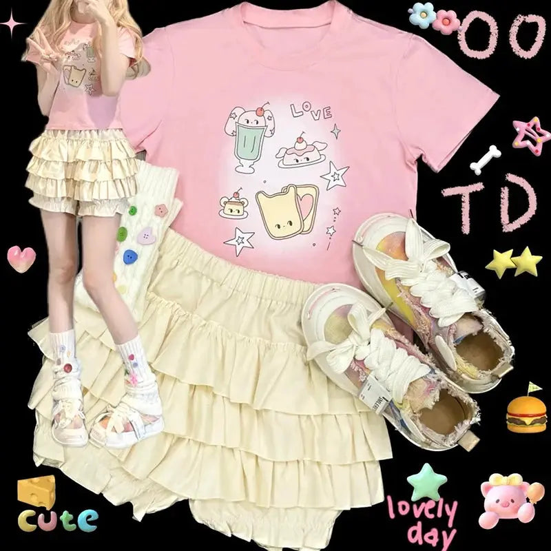 MEXZT Y2K sweet ruffles mini skirt 2-piece set with pale pink top and ivory cream-tiered A-line skirt