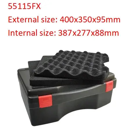 Simples Market multifunctional hardware toolbox, portable black plastic tool case with red latches and foam padding.