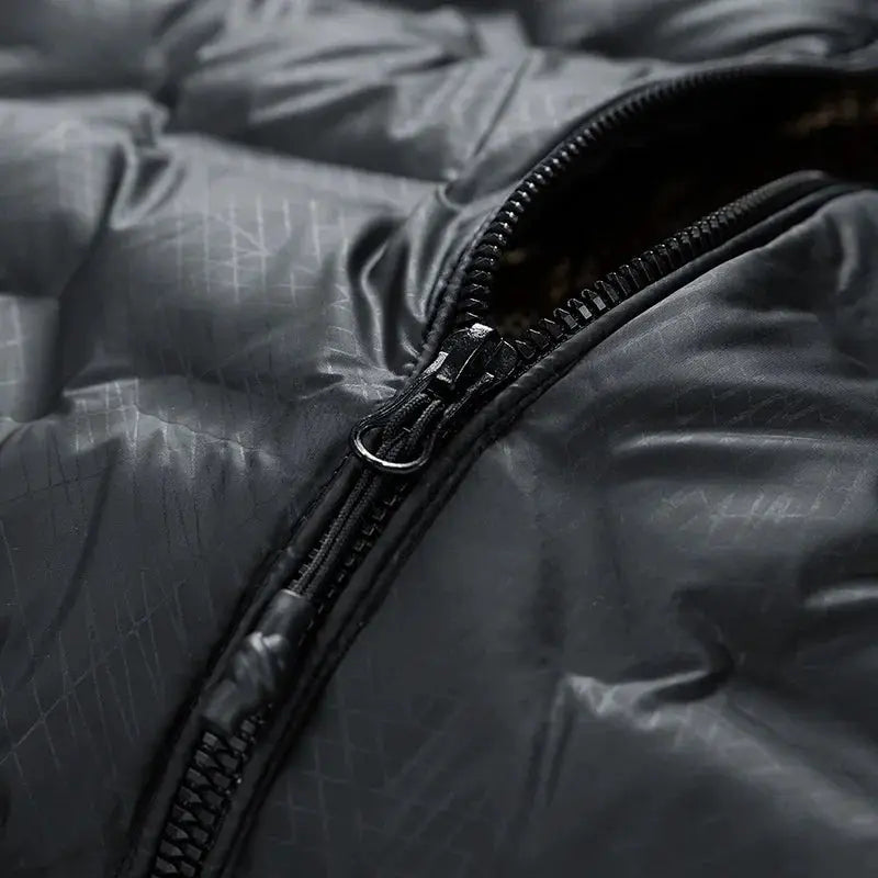 Men's hooded down jacket, dark gray puffer with front zipper