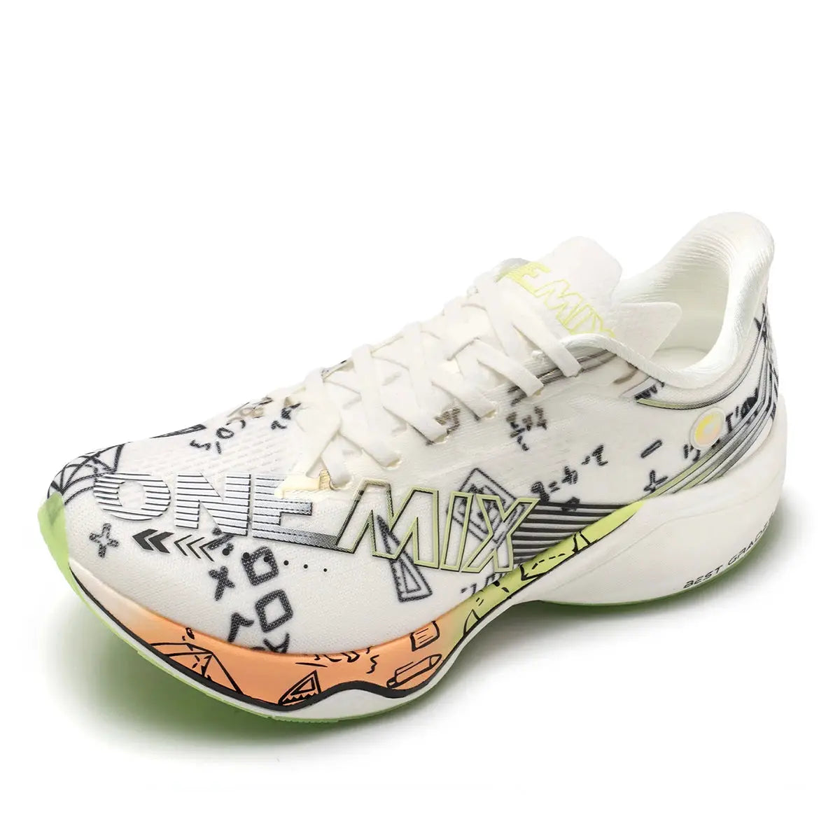 ONEMIX Marathon carbon-plate running shoes for men; white upper with green/orange sole, ultra-light.