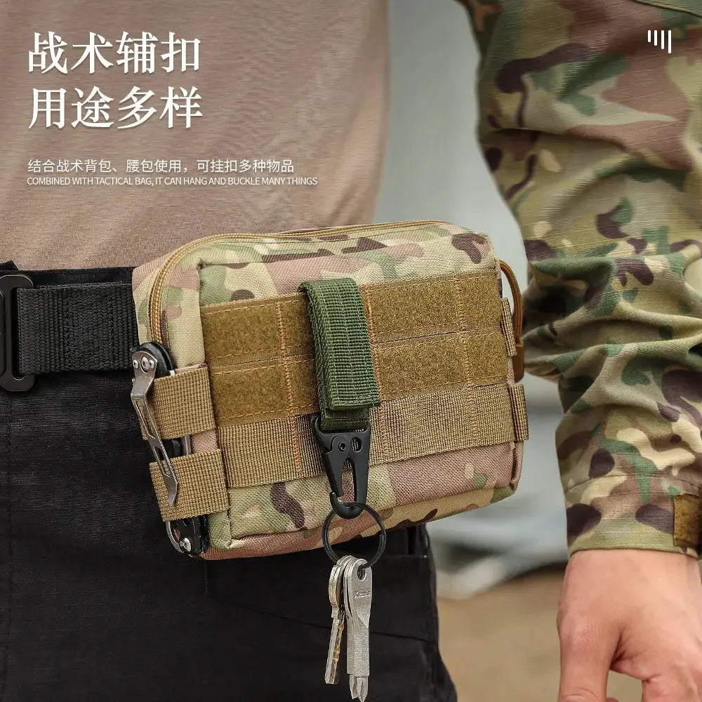 Carabiner nylon key hook attached to camouflage MOLLE pouch with keys, Simples Market