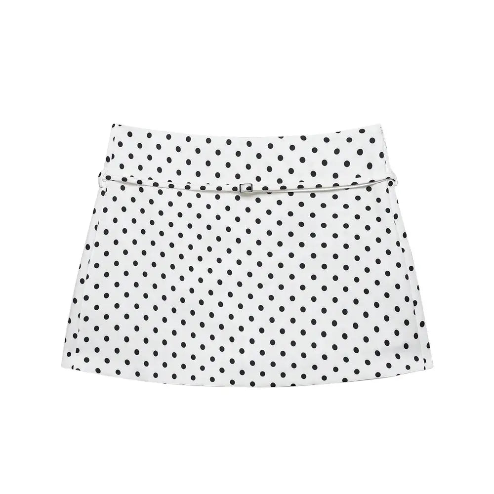 Women's white skort with black polka dots and belt detail