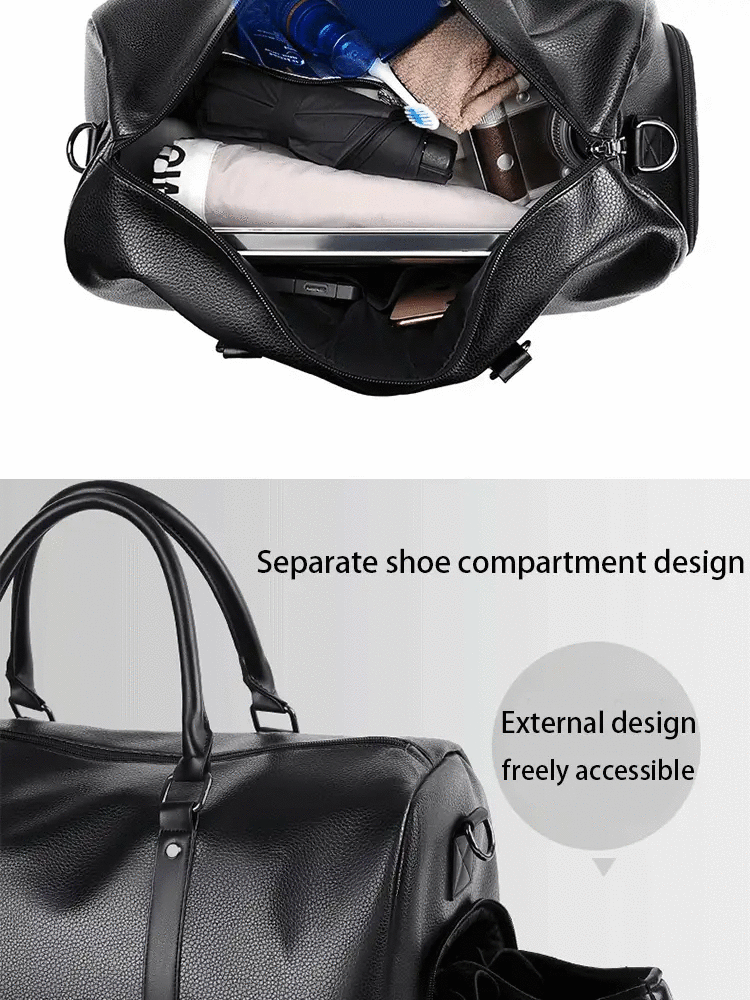 Retro New Short Trip Bag by Simples Market; black PU leather, large-capacity sport bag with separate shoe compartment