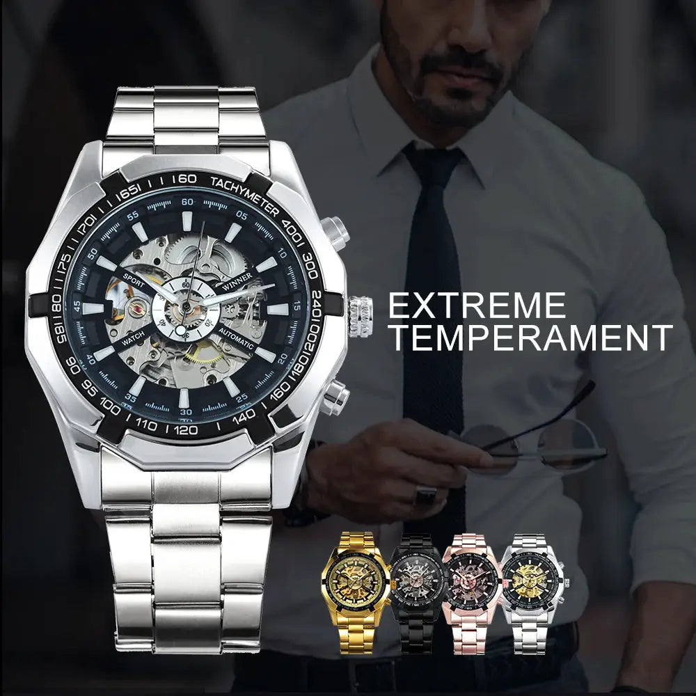 WINNER Classic Skeleton Watch for Men with stainless steel band and luminous skeleton dial; 5 color styles shown.