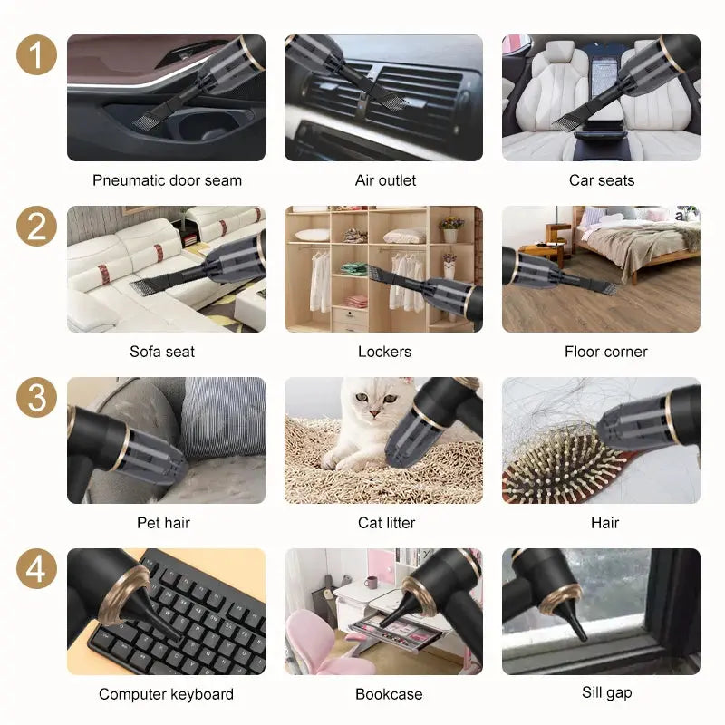 Wireless car vacuum cleaner by Simples Market, black handheld with multiple attachments for car and home.