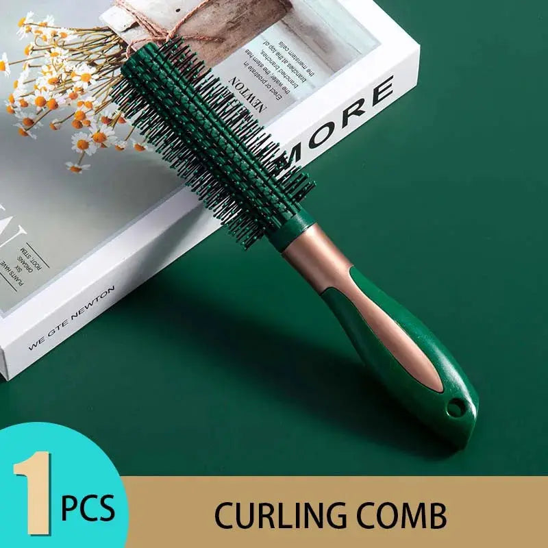KLINA curling comb hair brush with air cushion, green and rose-gold handle