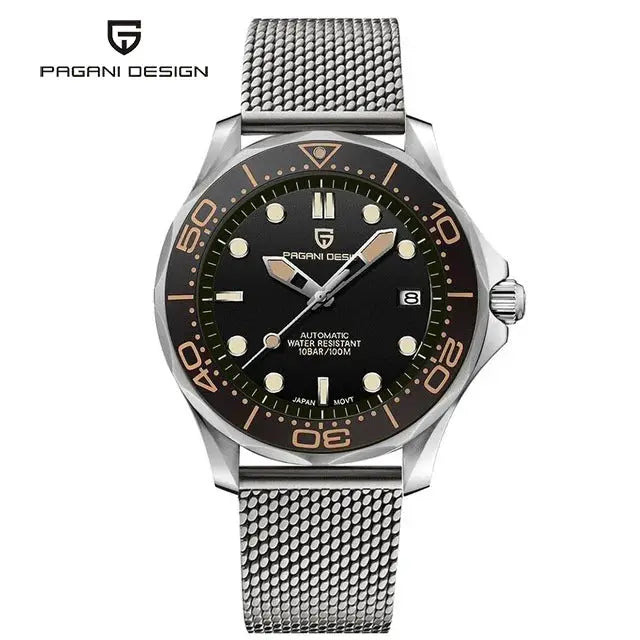Pagani Design men's luxury automatic dive watch with sapphire crystal and stainless steel mesh band 100m water resistant