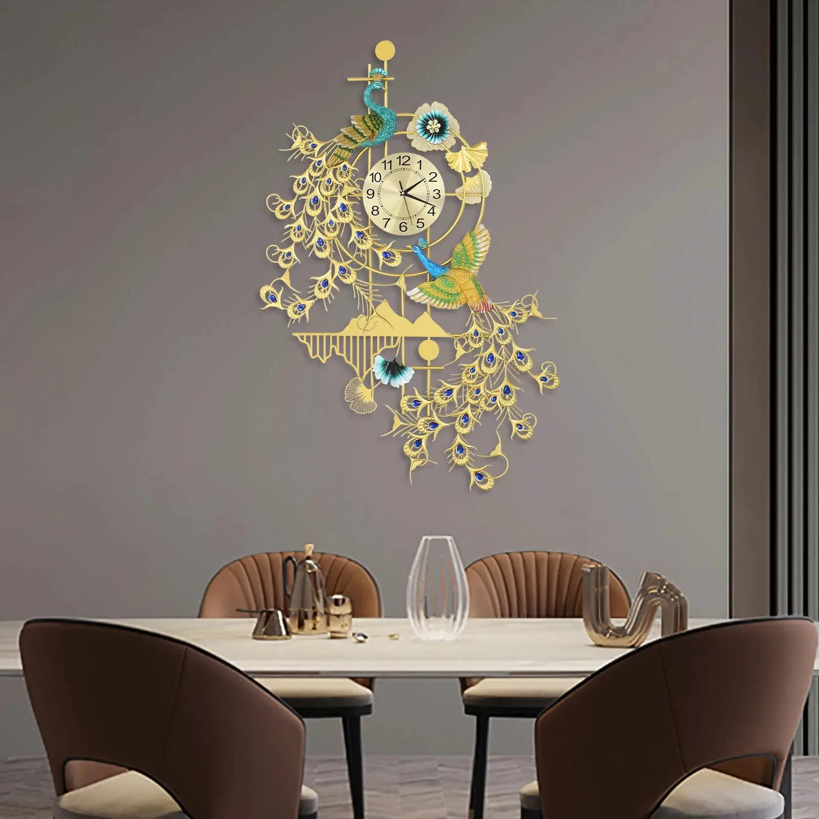 Peacock wall clock by Simples Market; large 80x120 cm gold with blue rhinestones, resin–iron art, silent quartz.