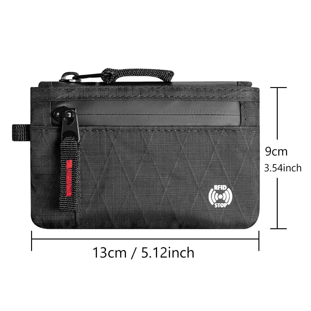 Simples Market RFID anti-theft ultra-thin wallet with zipper coin pouch, black fabric, multi-compartment card holder