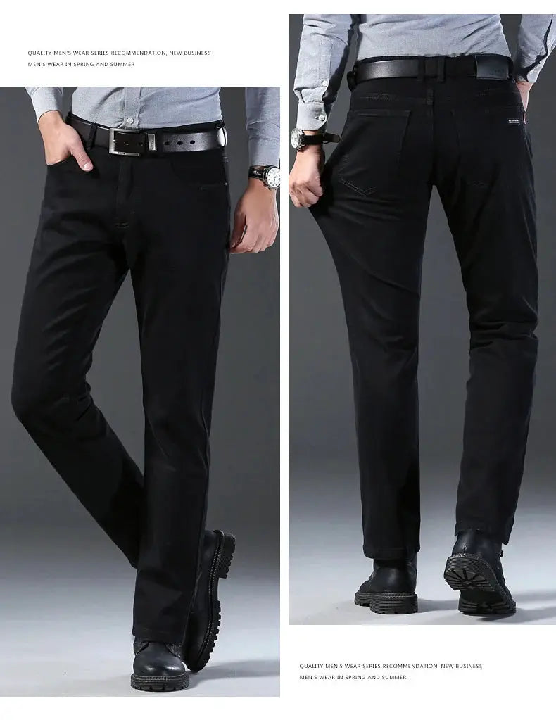 Men's black denim jeans by Simples Market, slim straight with stretch; front and back views shown with belt and boots