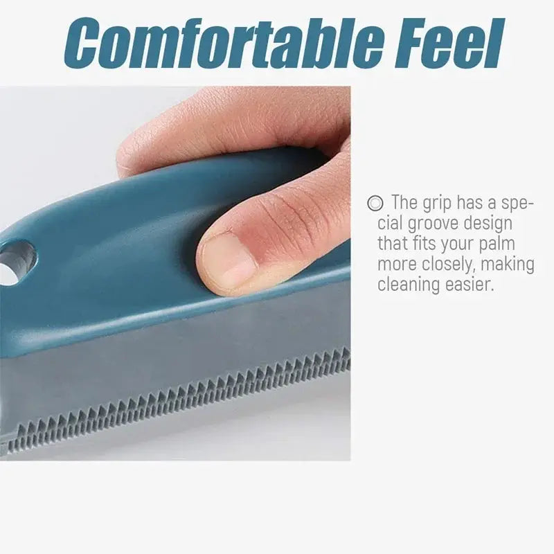 Lint remover brush with ergonomic blue grip for removing lint, fuzz, and pet hair from fabrics.