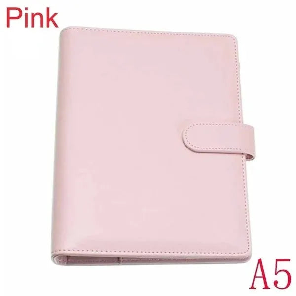 Pink leather refillable notebook binder with strap closure, A5 size