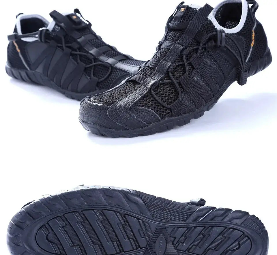 BONA men's running shoes pair, black mesh with rugged outsole, Simples Market