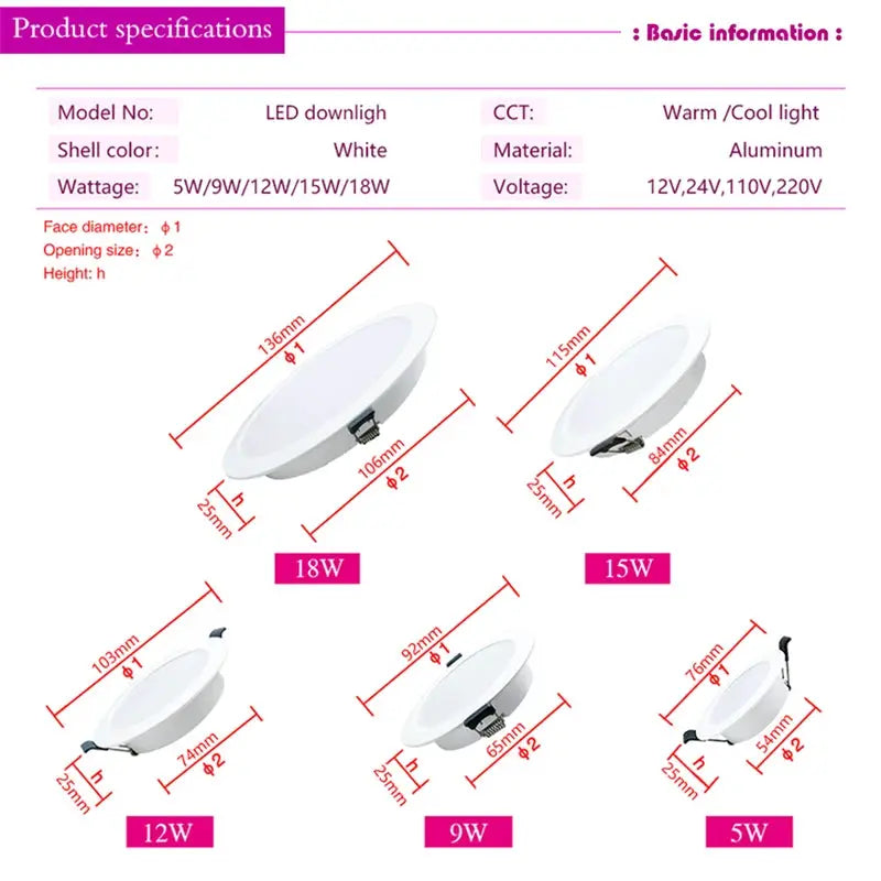 LED downlight by Simples Market, white aluminum recessed ceiling lamp, 5W-18W, 12V/24V/110V/220V.
