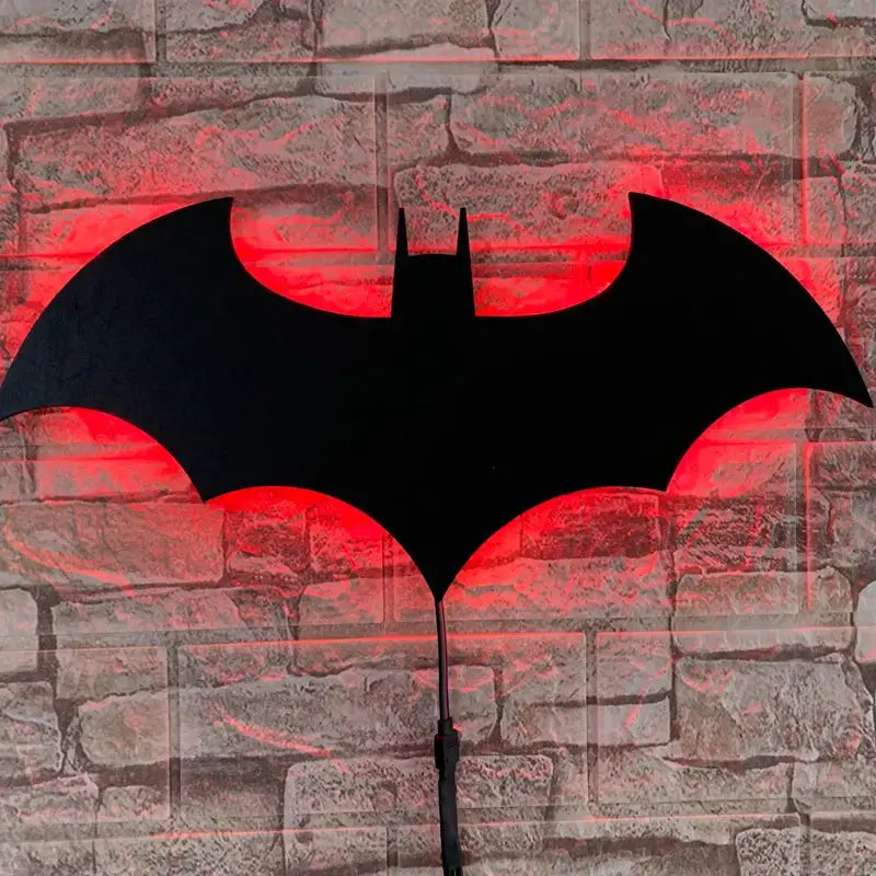 Bat-shaped wooden wall lamp with red LED backlight and remote control for bedroom, living room or porch