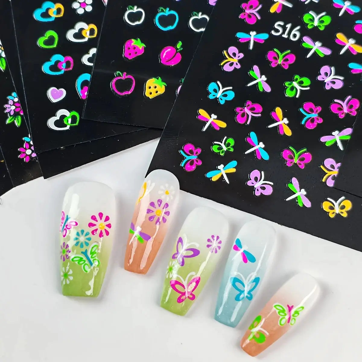 Nail sticker set: Simples Market 30 sheets, glow-in-the-dark neon butterfly and heart designs, glossy self-adhesive nail art.