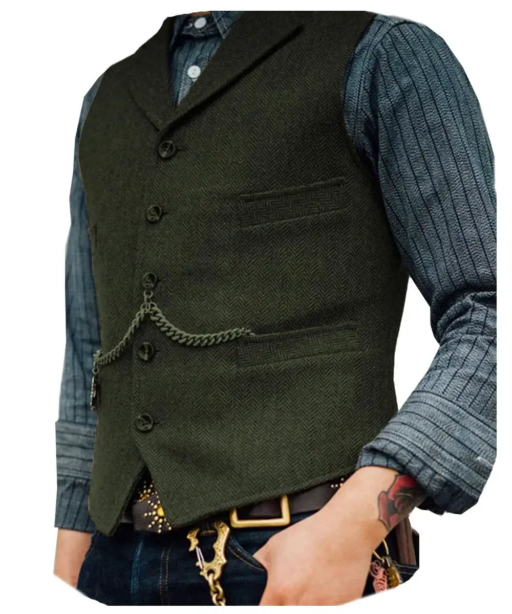 Men's wool tweed waistcoat in dark green with a subtle herringbone pattern
