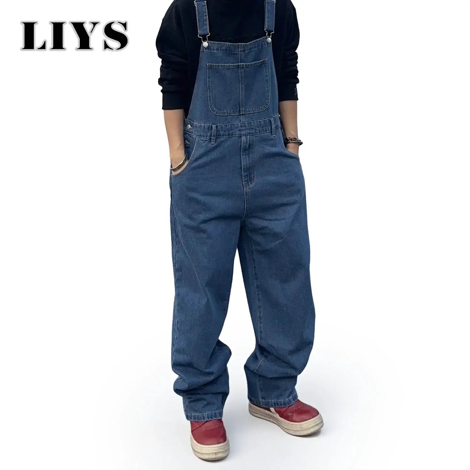 Denim overalls for men with suspenders, blue washed, baggy mid-waist fit LIYS