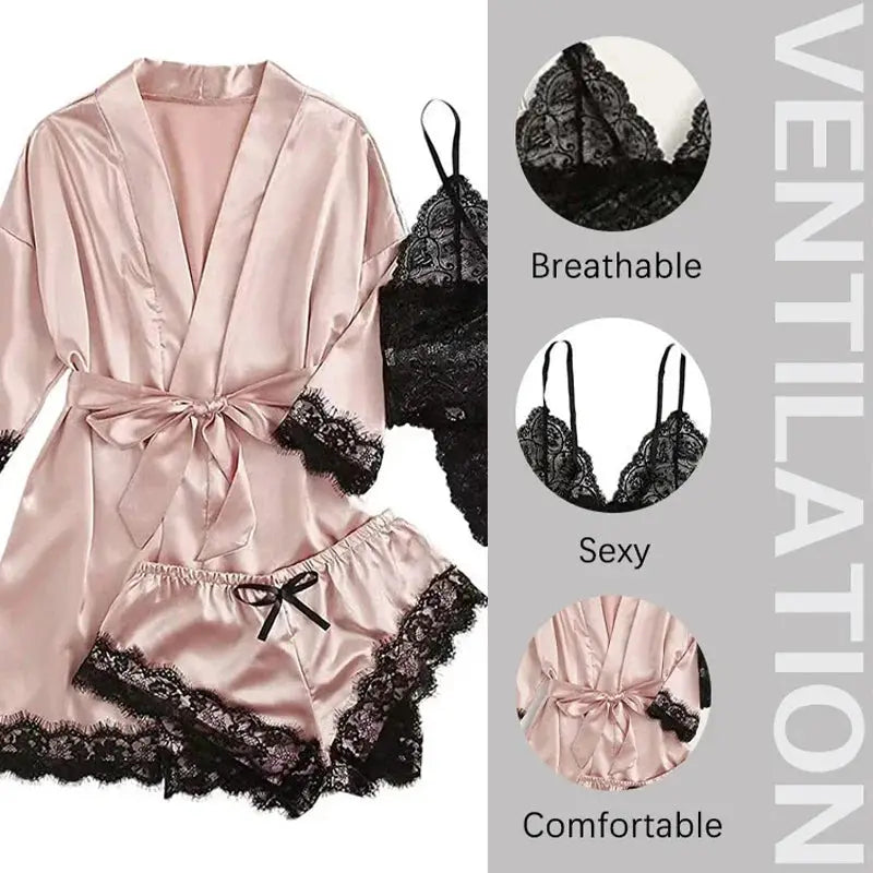 LuxeSilk 4 Piece Satin Sleepwear Set With Lace Robe For Women Breathable Silk Comfort And Elegant Nightwear
