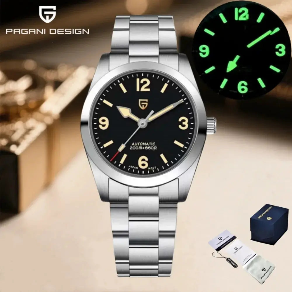 PAGANI DESIGN stainless steel 36mm automatic men’s watch with black dial and luminous numerals; includes box.