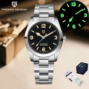 PAGANI DESIGN stainless steel 36mm automatic men’s watch with black dial and luminous numerals; includes box.