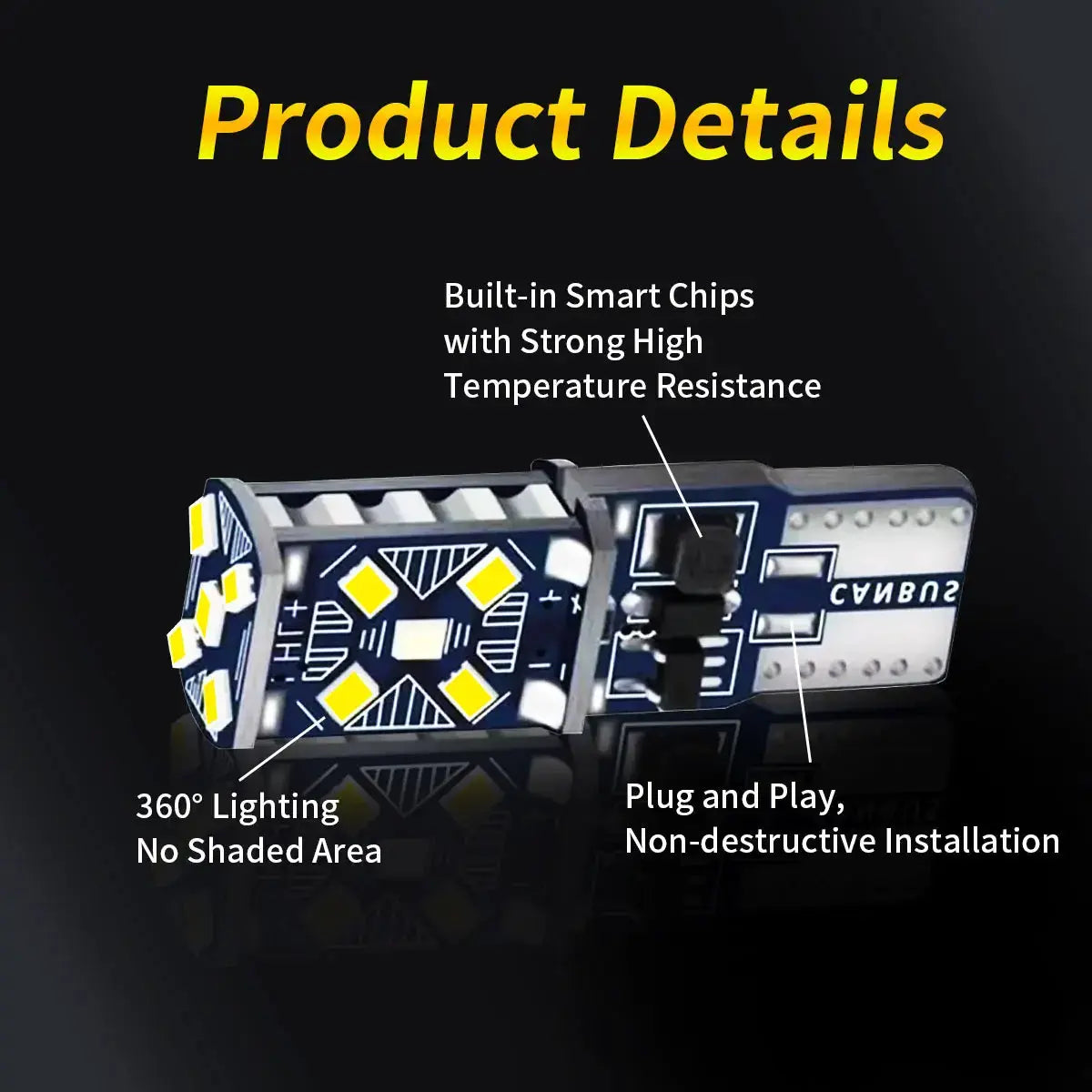 Simples Market 2pcs T10 LED 15-SMD 168 CANBUS bulbs for 12V cars; 360° lighting, plug‑and‑play, no shaded area