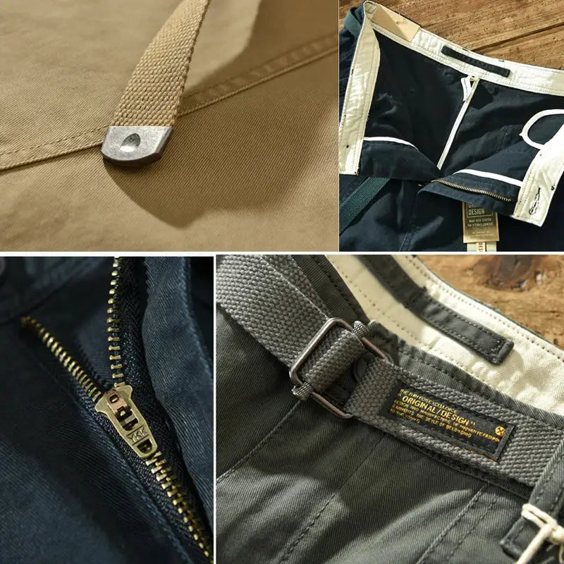 Simples Market men's pure cotton cargo pants, khaki with belt, mid waist, zip fly