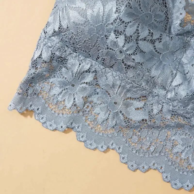 Women lace bralette top in light blue floral lace with scalloped edge, wireless breathable lingerie