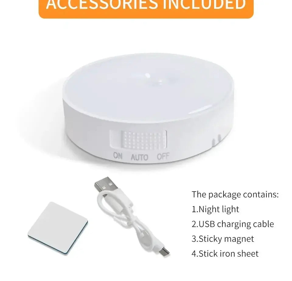 Simples Market white LED motion-sensor night light; USB rechargeable with 4 items including charging cable and magnet.