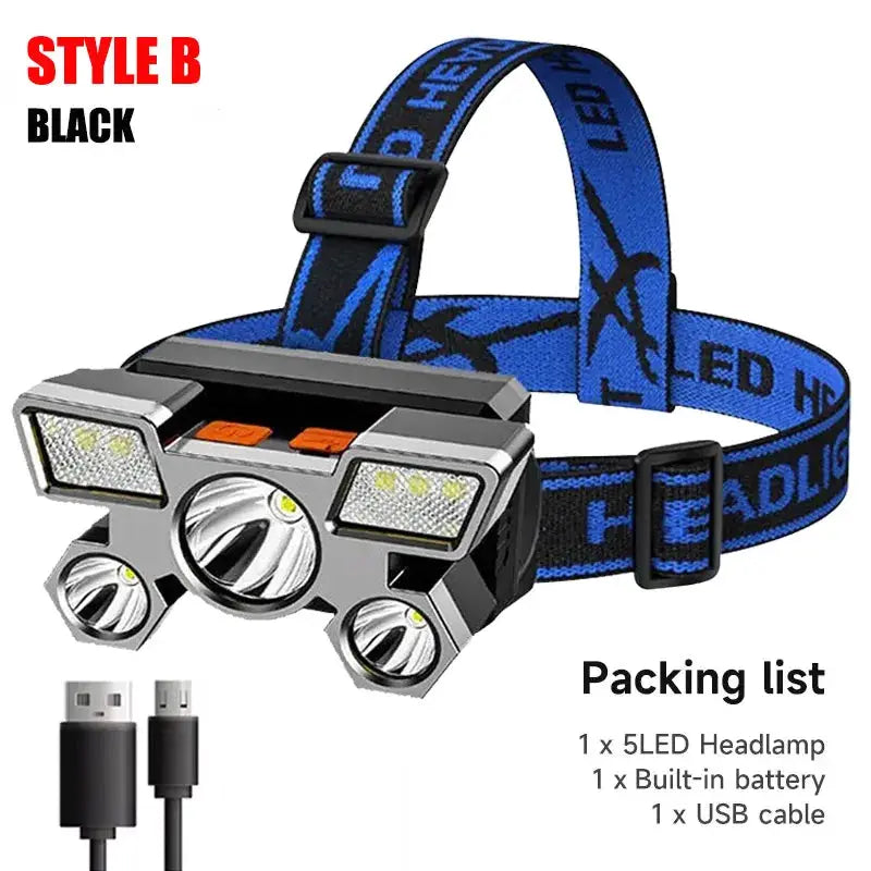 TrailBright 5 LED Rechargeable Headlamp With Built In Battery And USB Charging Waterproof For Outdoor Adventures