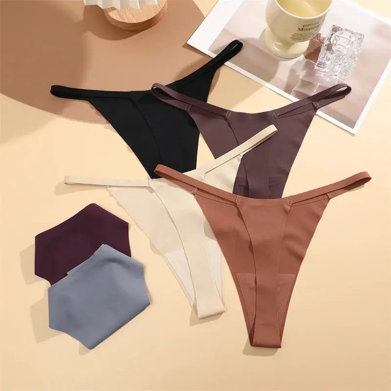 4-piece seamless thong underwear set for women by Simples Market in black, beige, mauve, brown