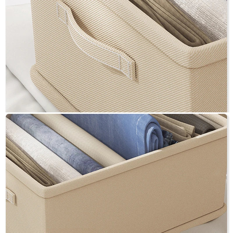 Clothes organizer storage box in beige fabric with reinforced handles for trousers, jeans and socks.