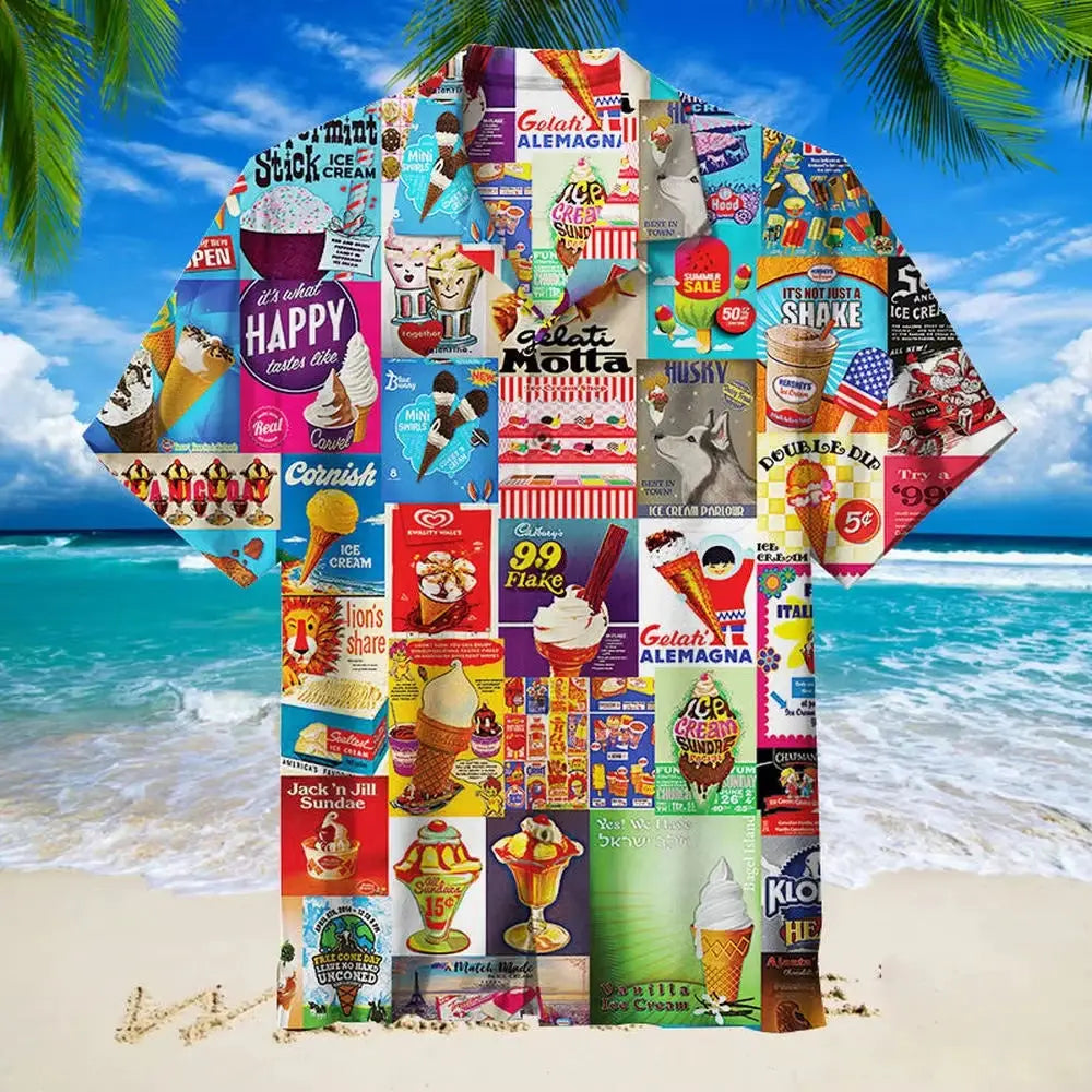 Simples Market Hawaiian shirt, unisex oversized, multicolor ice-cream collage print, short sleeves