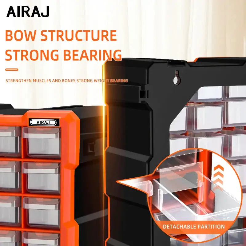 AIRAJ 15-inch transparent plastic parts storage box with orange frame and detachable partition