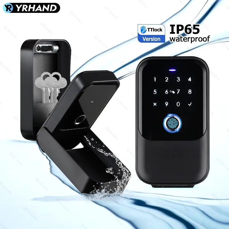 YRHAND TTlock smart fingerprint lock and key box set, black, IP65 waterproof