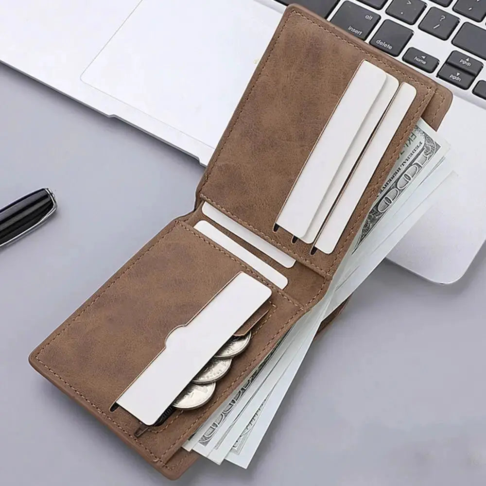 Brown PU leather folding wallet with multiple card slots, coin purse and cash compartment
