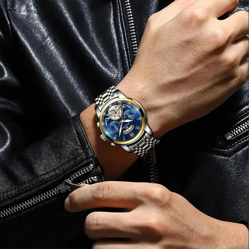 Men's luxury stainless steel watch with blue dial, gold bezel, two-tone bracelet and skeleton movement
