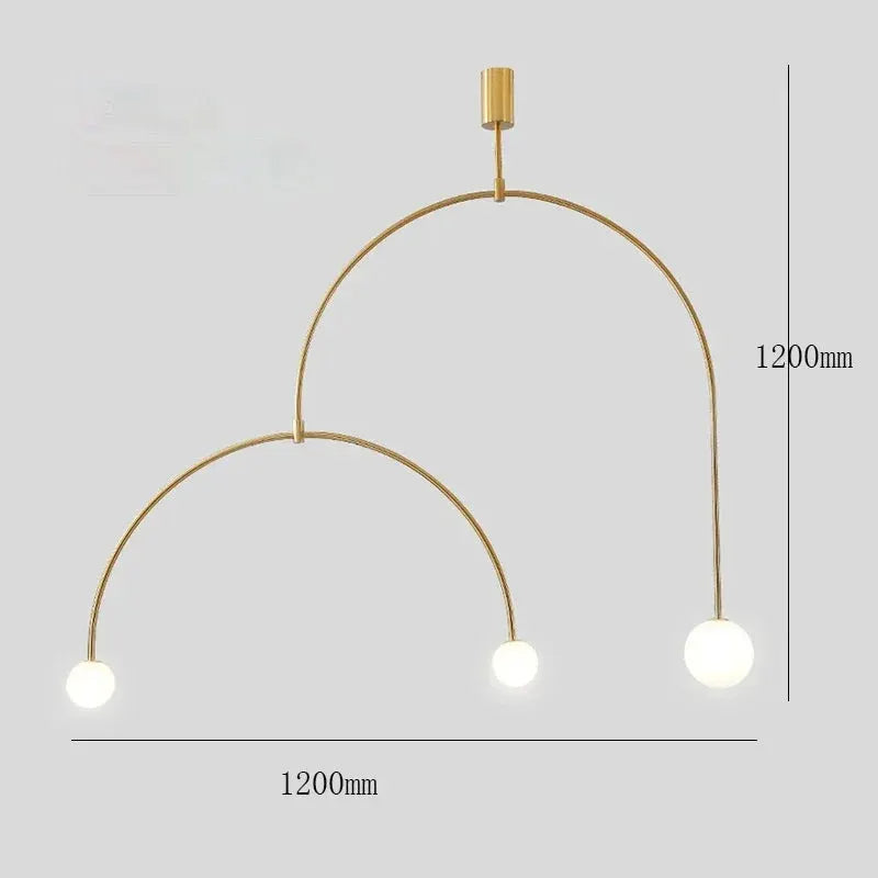 Nordic Minimalist Chandelier by Simples Market; gold metal arcs with three globe bulbs, 1200mm wide.