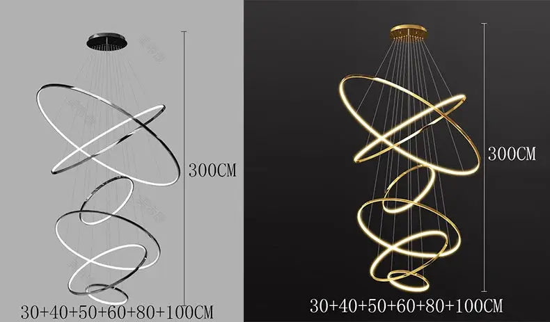 Spiral LED pendant light, modern hanging chandelier by Simples Market, two finishes silver and gold, 300 cm height